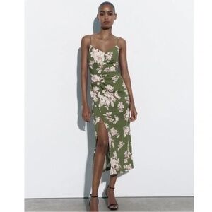Zara Linen Blend Spaghetti Strap Floral Printed Midi Dress sz S